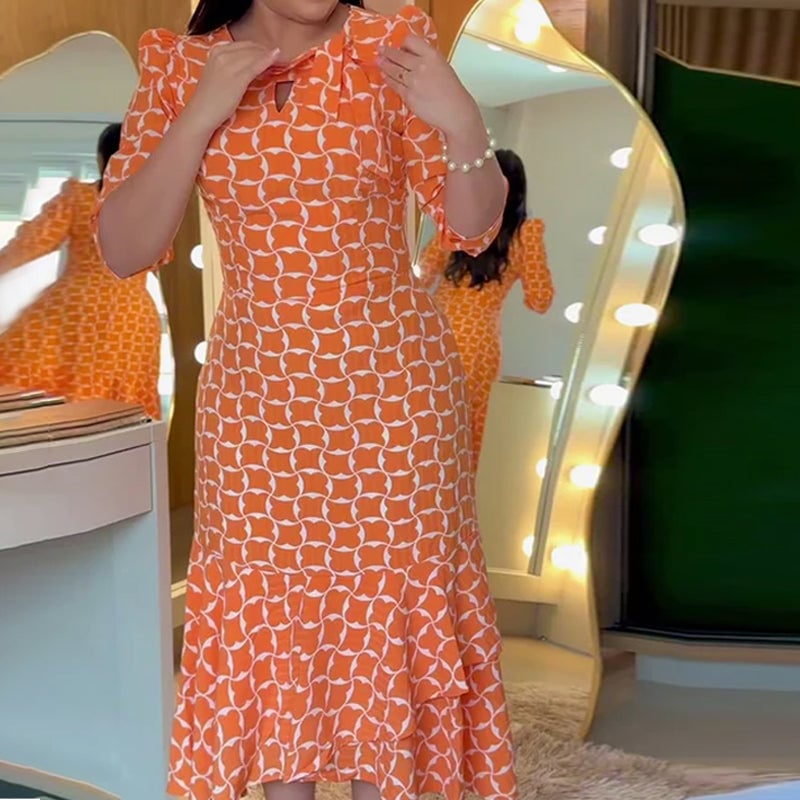 Robe Manches Mi-longues Col Rond Imprimé Taille
