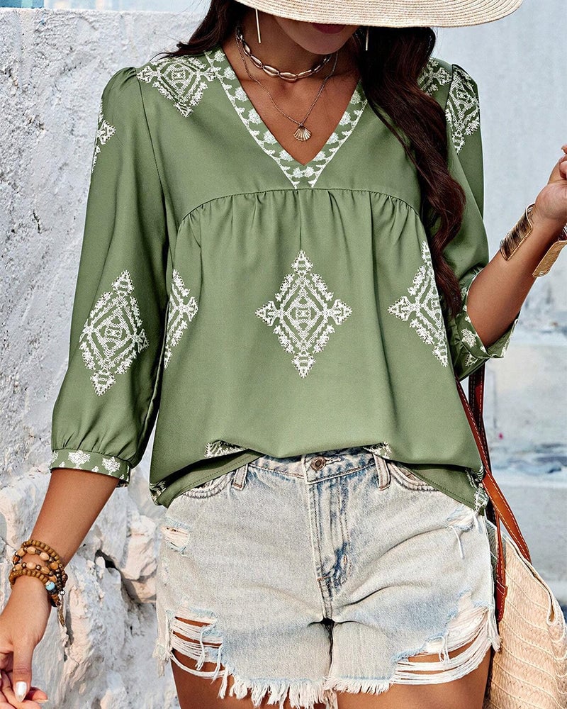 Blouse V-hals Diamantprint Driekwartmouwen