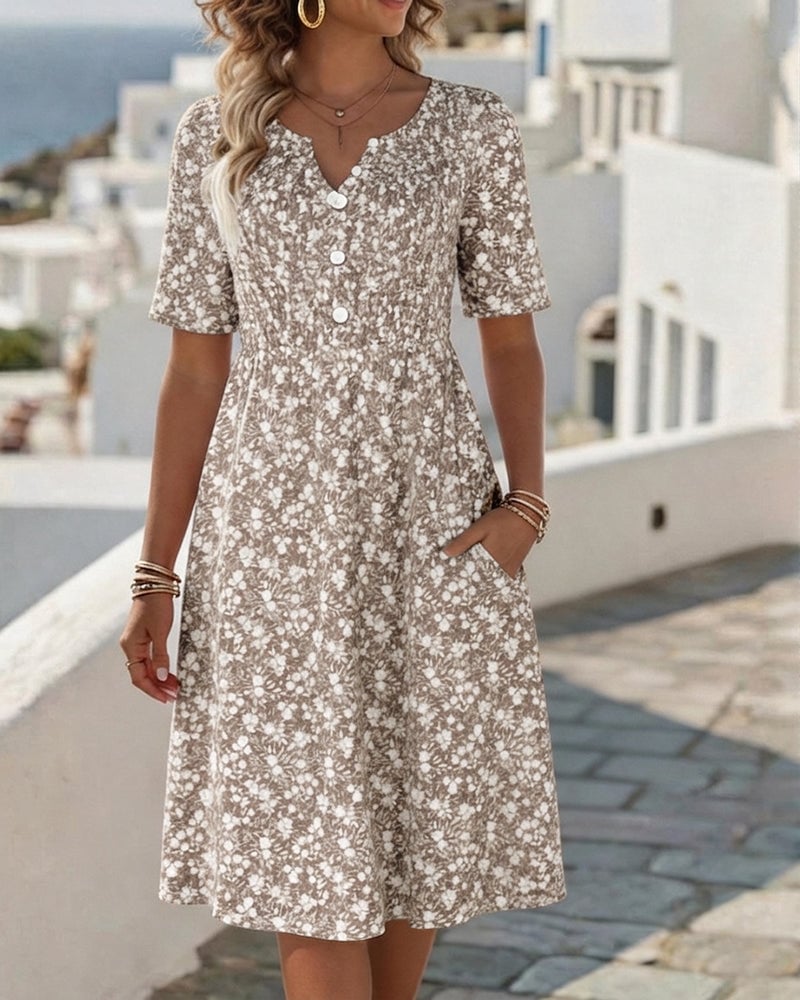 V-Neck Short-Sleeved Floral Dress