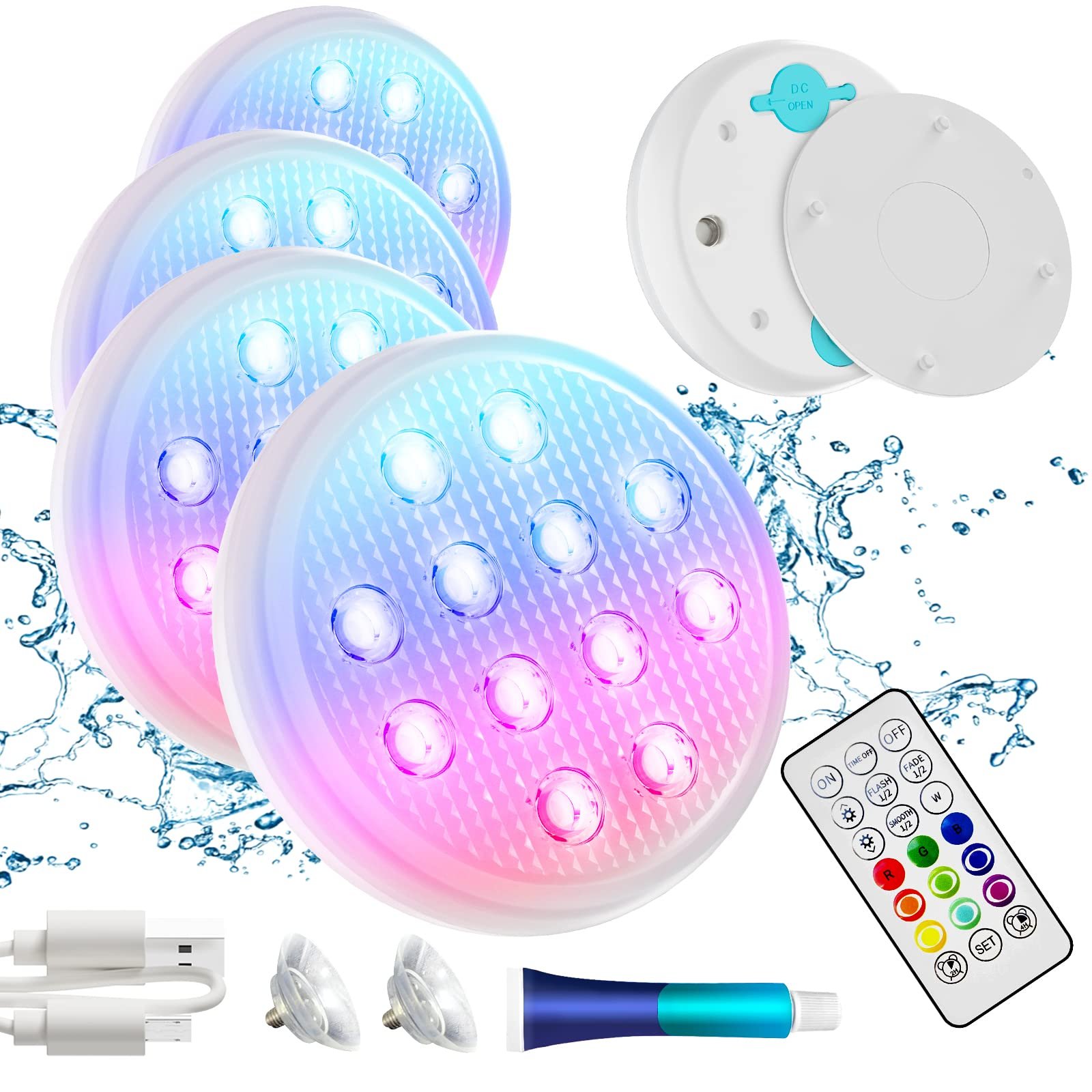 2/4 PCS - Ultra-High Brightness Rechargeable Submersible LED Lights with Remote