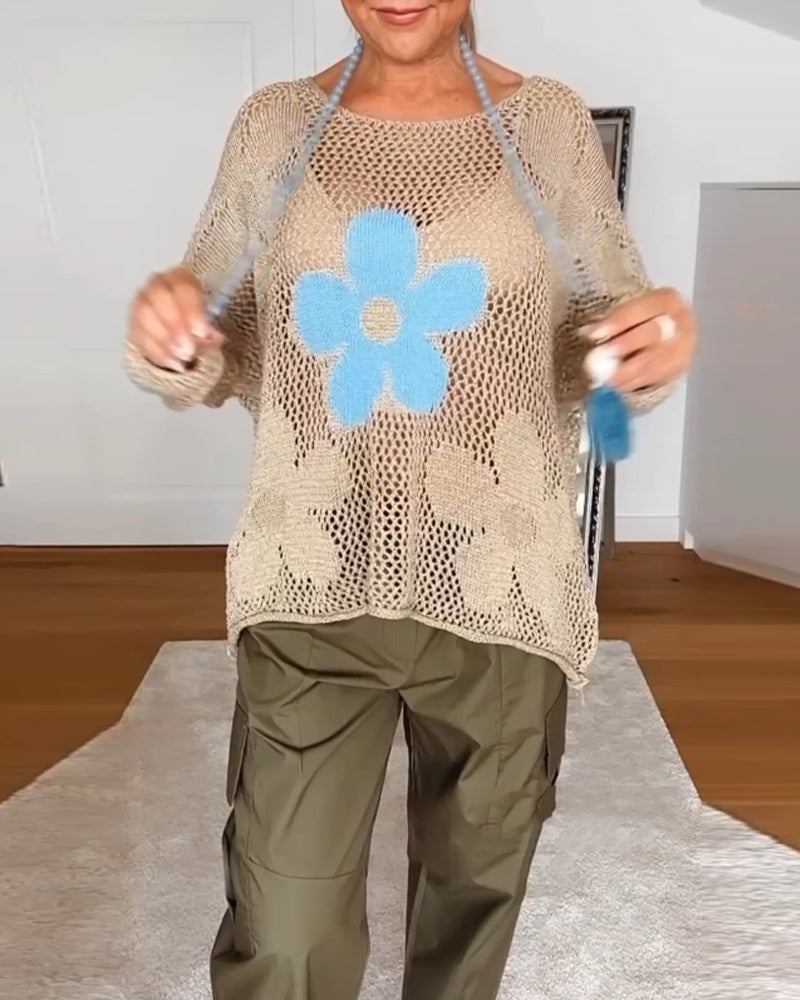 Pull creux décontracté à manches longues et col rond à fleurs