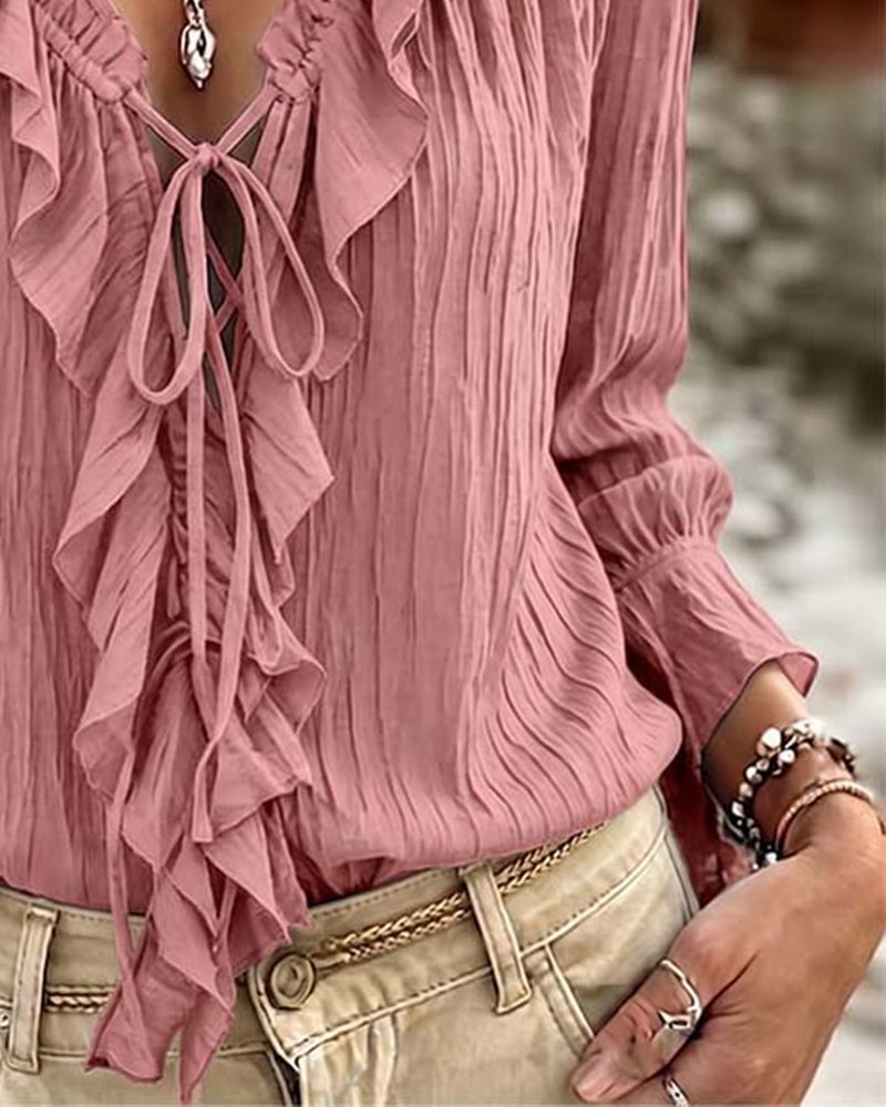 Ruffle Trim Lace-Up Long Sleeve Blouse