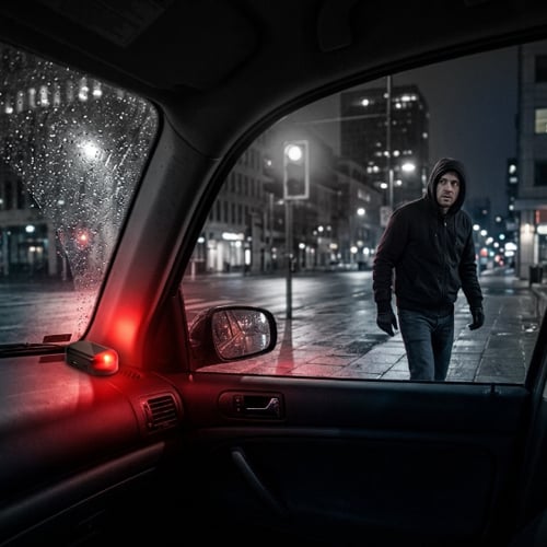 Flashing red solar security warning light inside vehicle at night