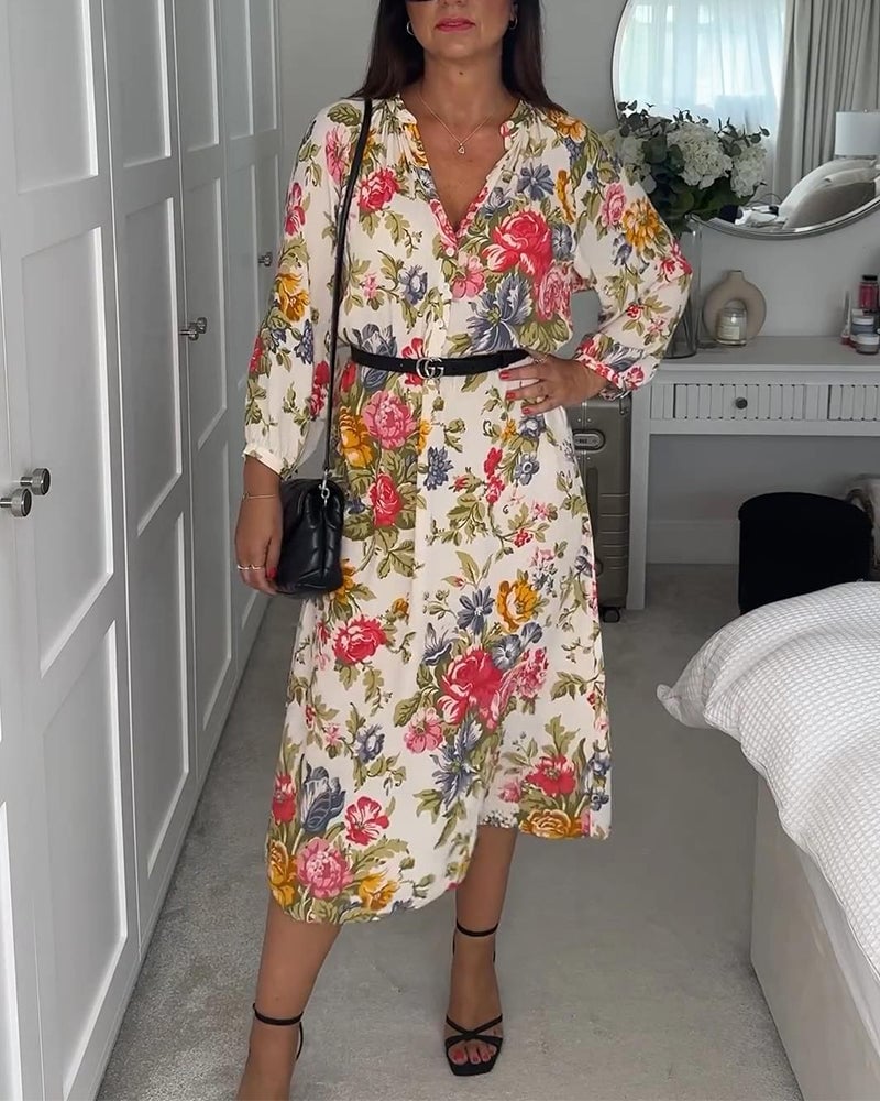 Elegant floral print V-neck button dress