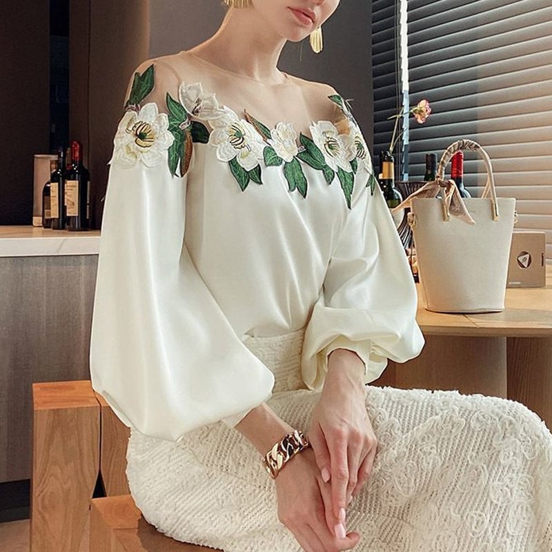 Mesh-Paneled Satin Embroidered Shirt Top