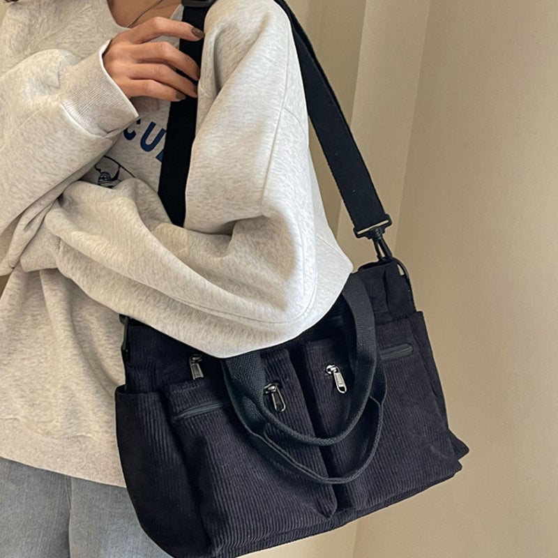 Sac fourre-tout en velours côtelé de couleur unie avec plusieurs compartiments