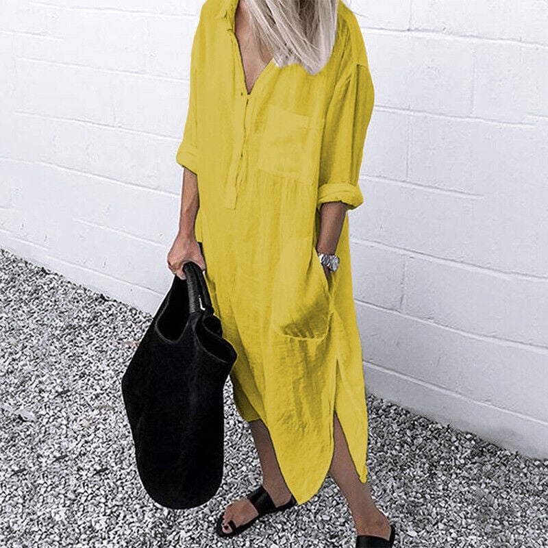 Elegant Enfärgad Slit Skjortklänning