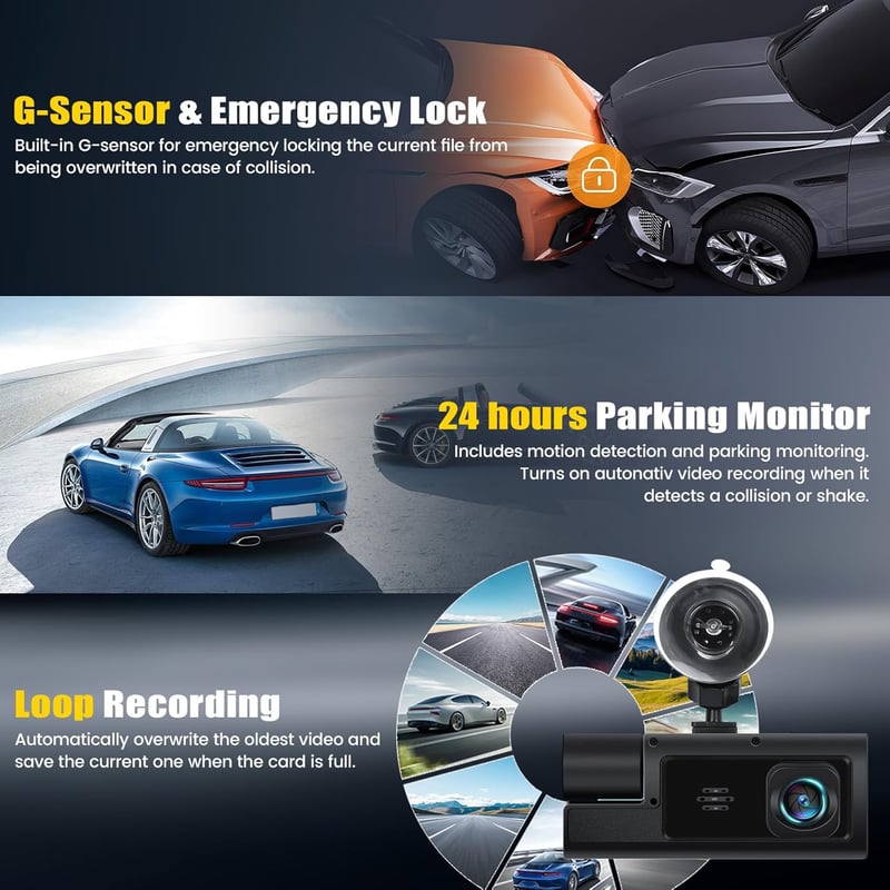 Sakerplus 3 Channel Dash Cam Front and Rear Inside