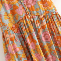 Printed V-Neck Short Sleeve Cotton Linen Dress