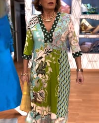 Robe au Col en V avec Impression Vintage et Découpe en Fente