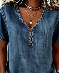 Slit V-Neck Denim Blouse