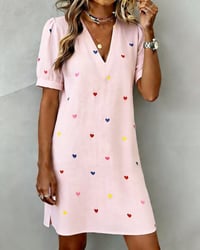 Buntes Herz-Print-Kleid Mit V-Ausschnitt