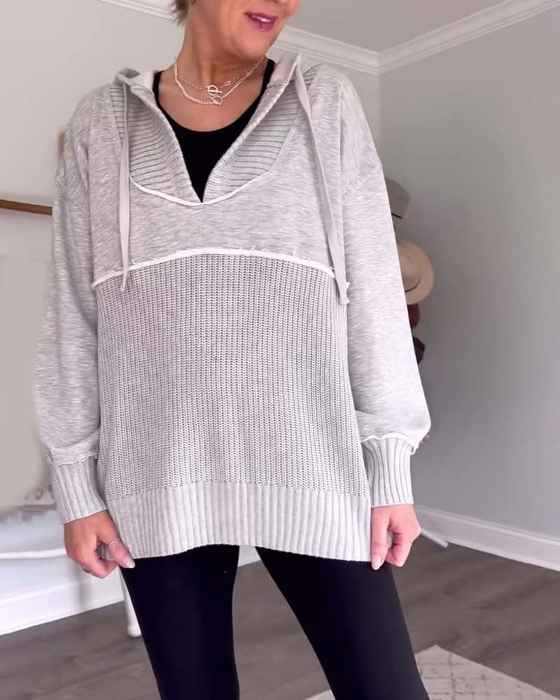 Casual solid color lace-up patchwork hoodie
