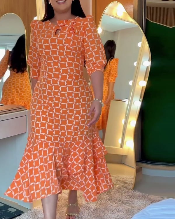 Robe Manches Mi-longues Col Rond Imprimé Taille