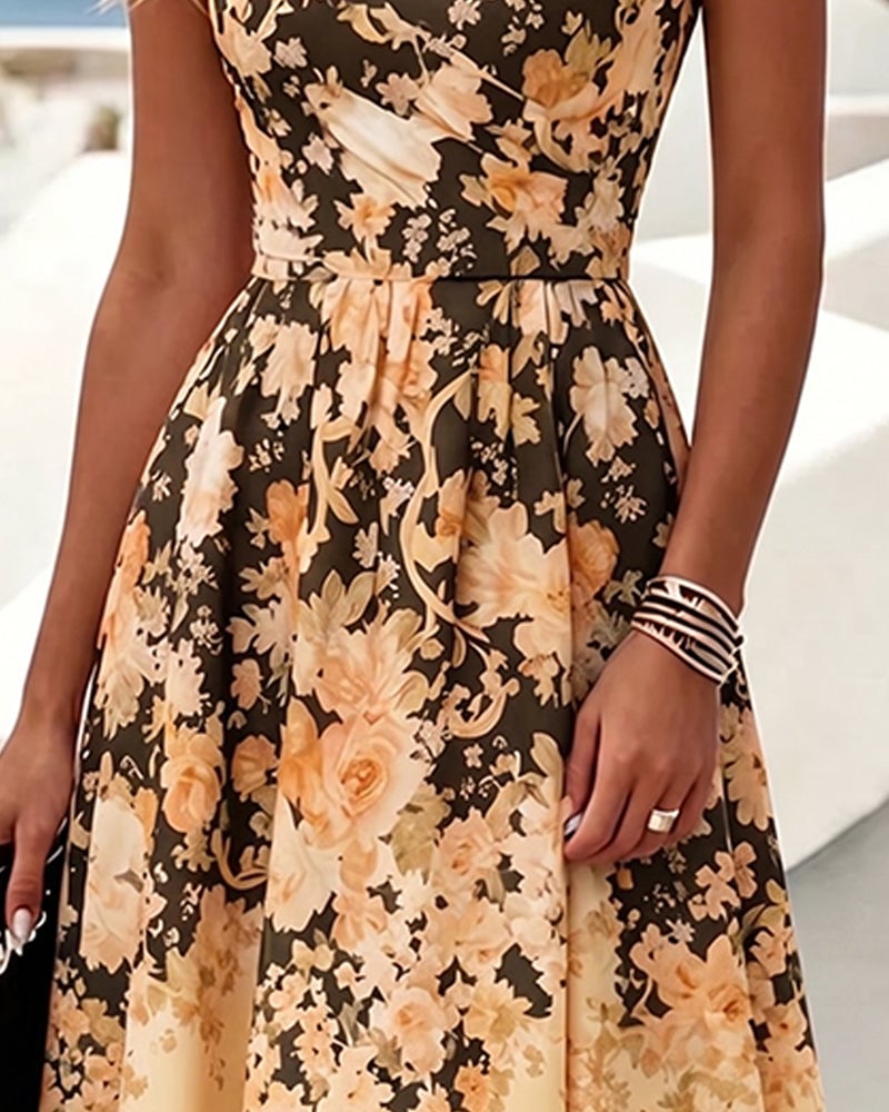 Sleeveless Crew Neck High Waist Printed Dress