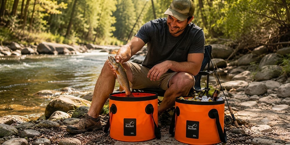 Portable folding water storage bucket for outdoor use