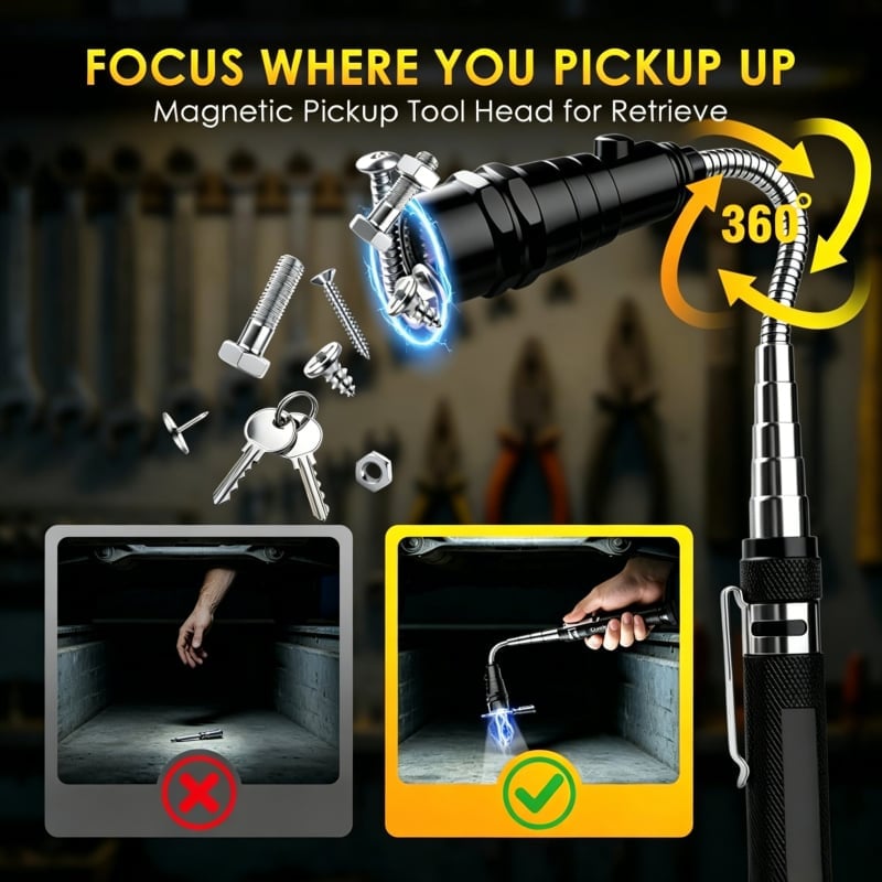 Telescoping Magnetic Flashlight with Flexible LED Pickup Tool