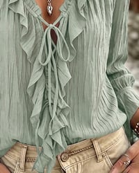 Ruffle Trim Lace-Up Long Sleeve Blouse