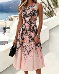 Sleeveless Crew Neck High Waist Printed Dress