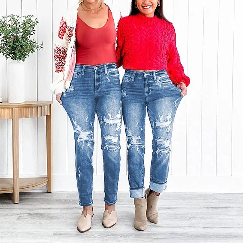Distressed cuffed mid-rise ripped jeans