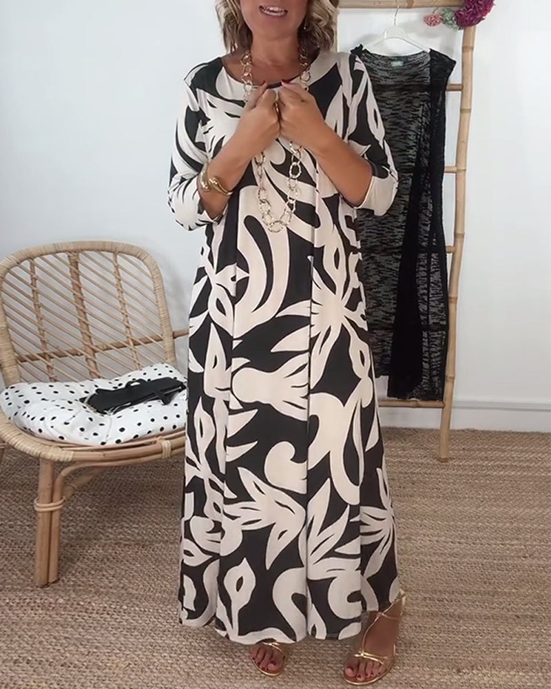 Robe À Col Rond Et Manches Longues Imprimée