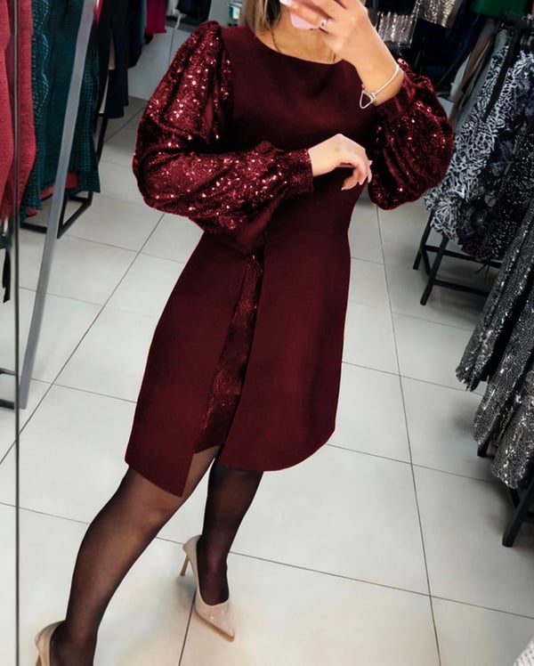 Elegantes Kleid mit Puffärmeln und Patchwork-Details