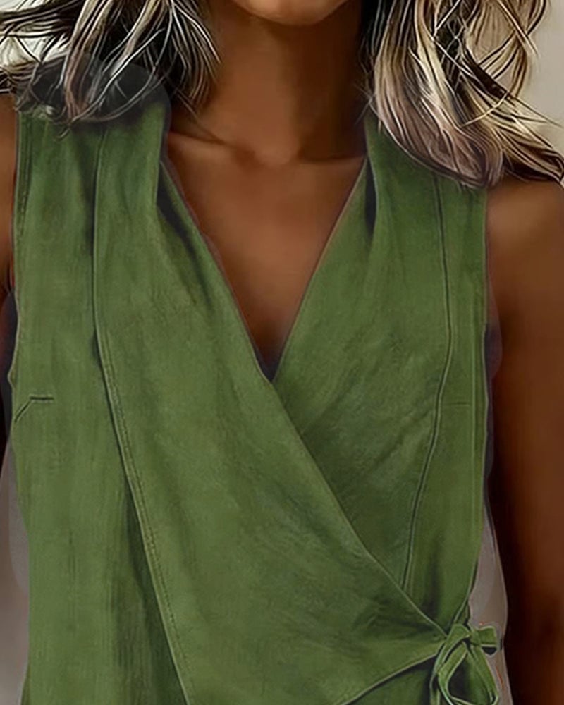 Crisscross Tie Cotton Linen Solid Tank Top