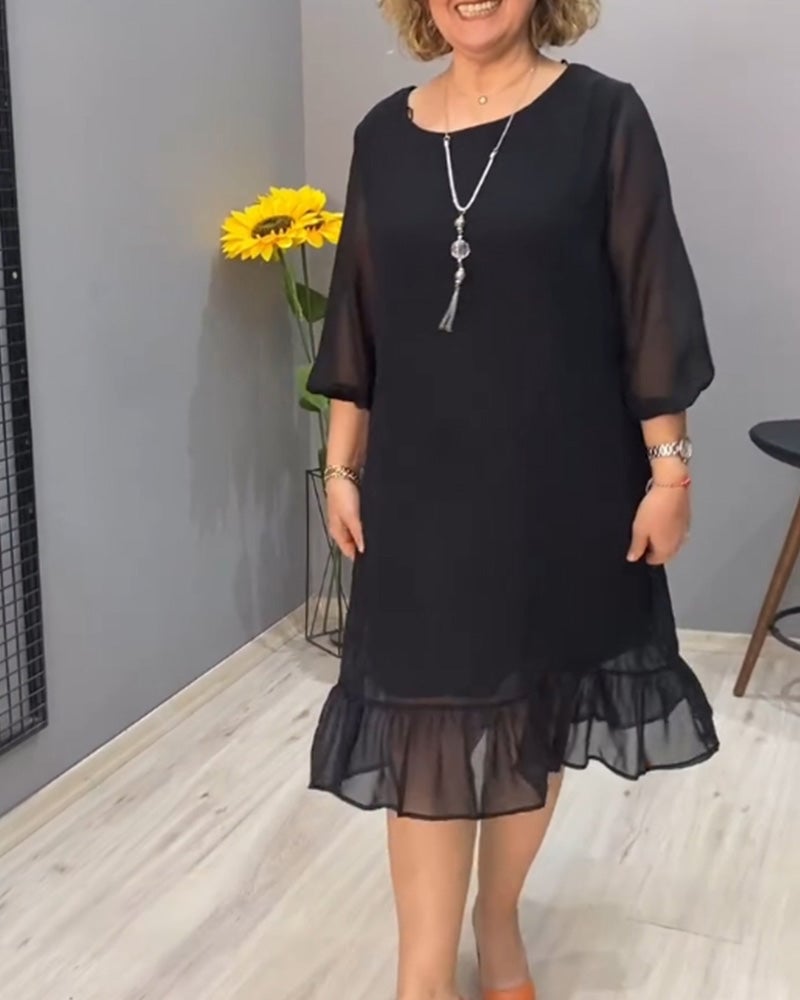 Casual solid color lantern sleeve ruffle dress