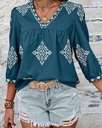 Blouse V-hals Diamantprint Driekwartmouwen