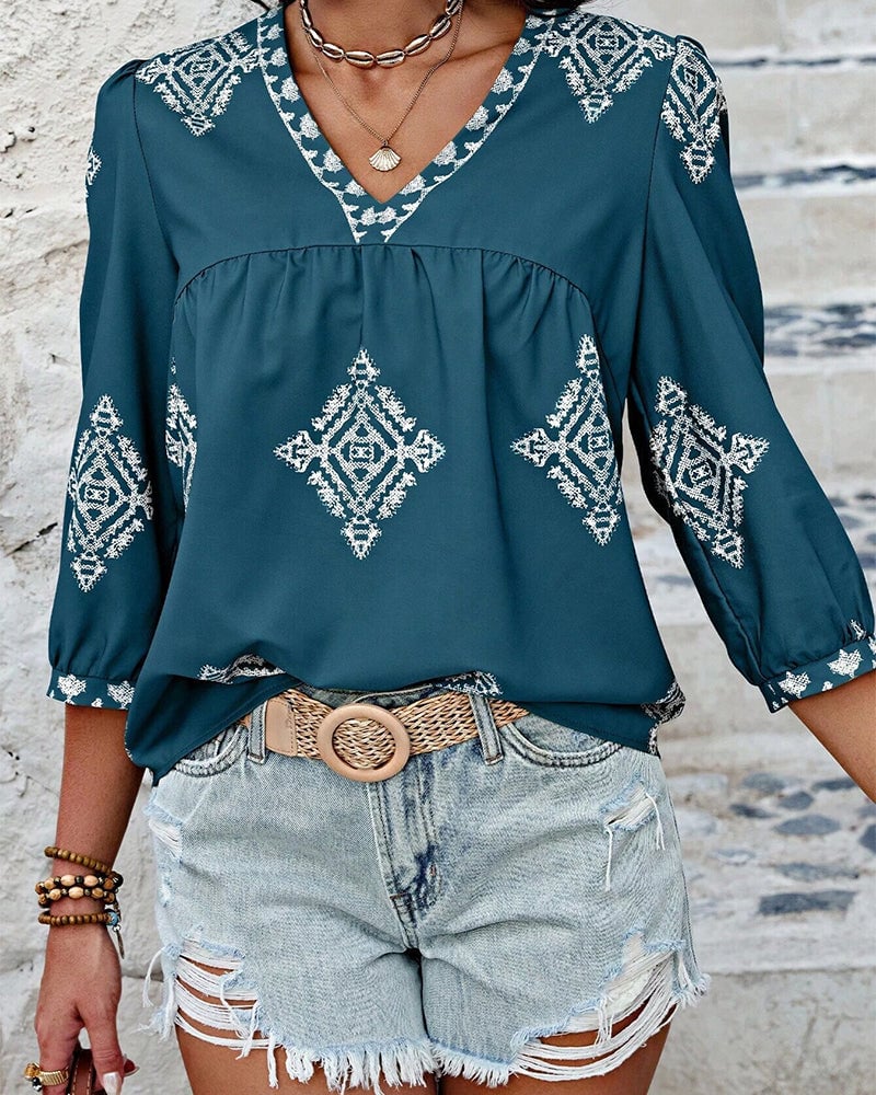 Blouse V-hals Diamantprint Driekwartmouwen