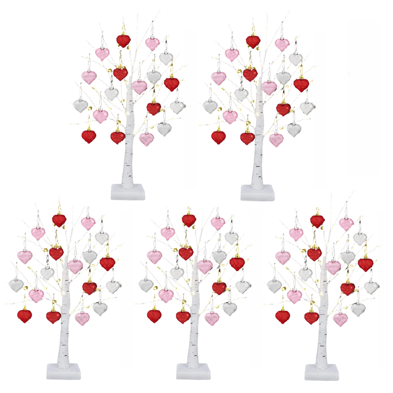 LED Tabletop Birch Tree with 18 Heart Ornaments