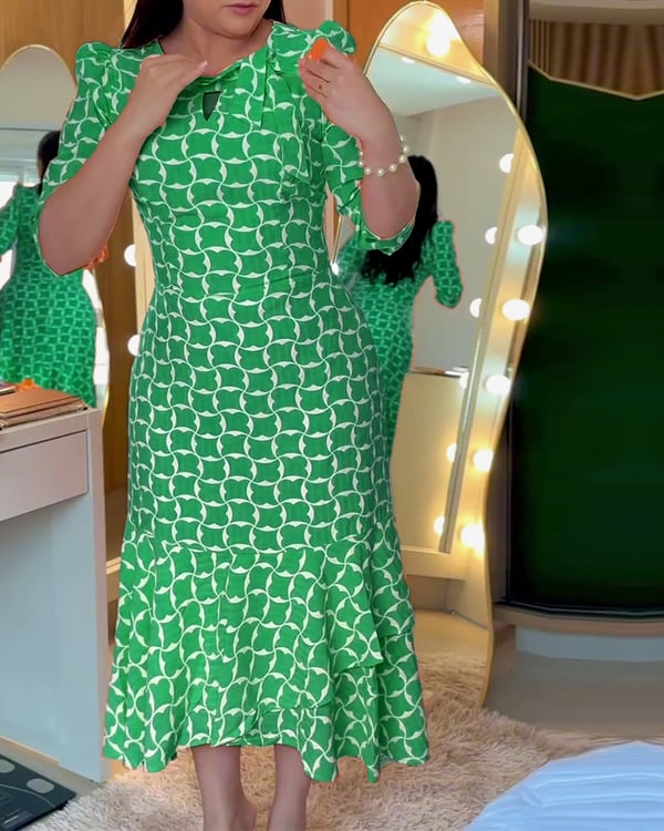 Robe Manches Mi-longues Col Rond Imprimé Taille