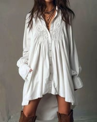 Lace-Paneled Lantern-Sleeve Dress