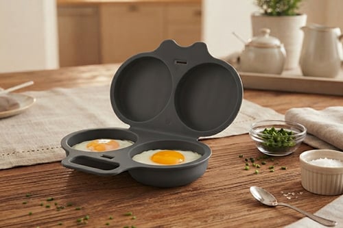 Microwave egg cooker with prepared eggs