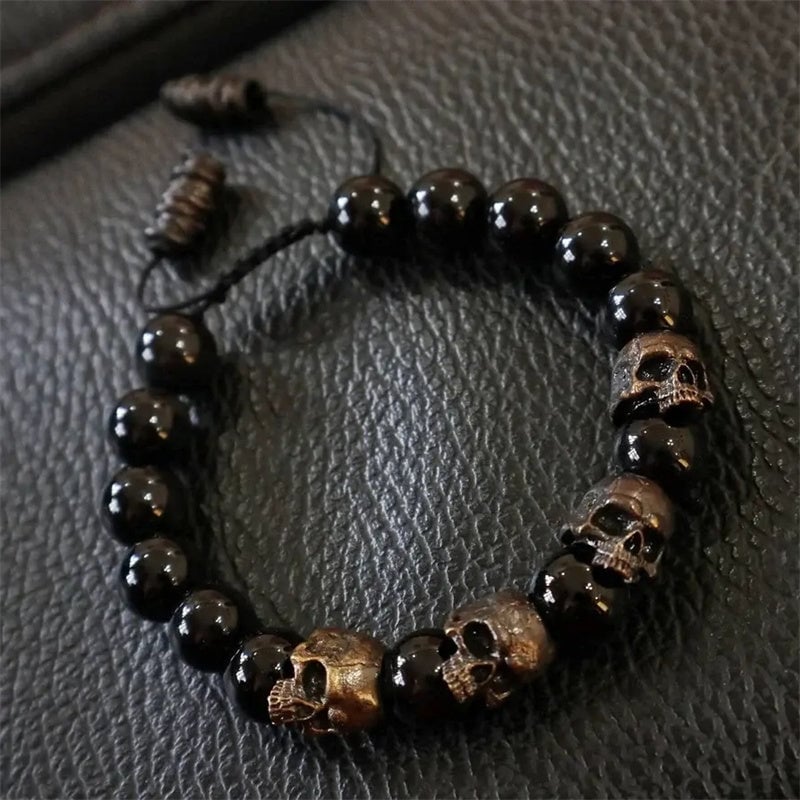 Silver Skull Obsidian Bracelet