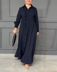 Lantern sleeve button ruffle shirt dress