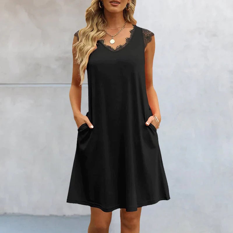 Summer Sleeveless V Neck Casual Lace Dresses with Pockets