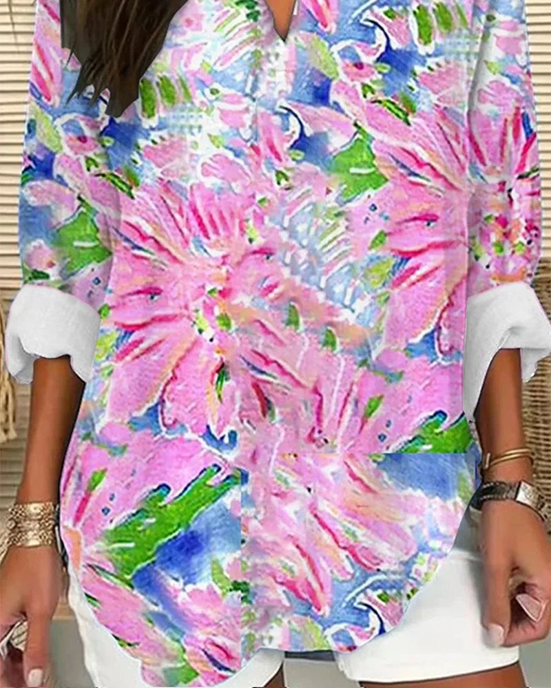 Floral print V-neck long sleeve casual blouse