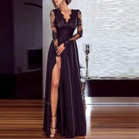 New Casual Long Sleeve Lace Inwrought Splicing Slit Maxi Dresses.MC