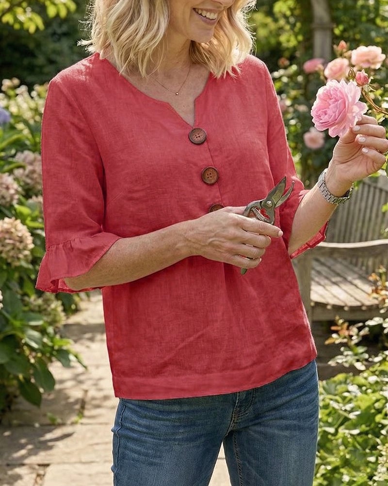 Solid-Color Cotton-Linen Wooden Buttons Ruffles Blouses