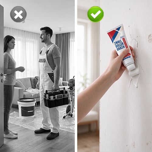 Professional painter compared with DIY wall repair roller