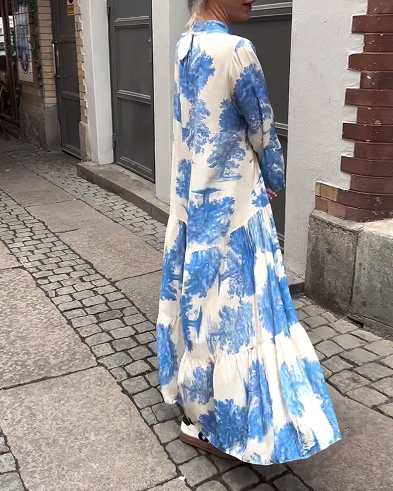Robe patchwork ample imprimée à col en V et manches cloche