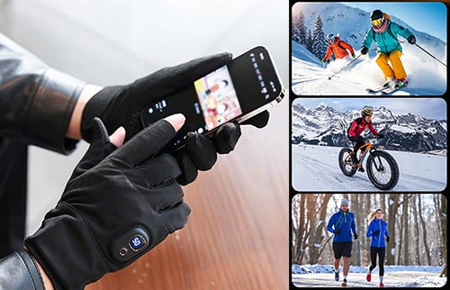 Heated glove phone access alongside skiing, cycling, and winter walking scenes