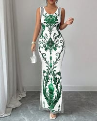 Blue-and-White Sleeveless Slit Maxi Dress