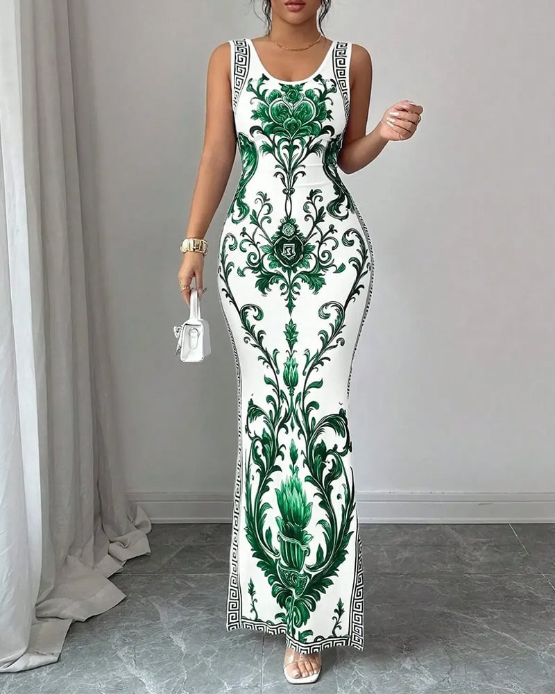 Blue-and-White Sleeveless Slit Maxi Dress