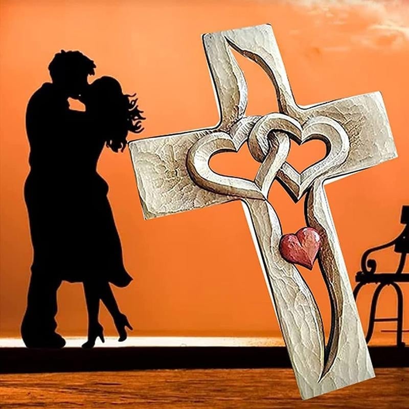 Carved Wooden Cross Intertwined Hearts