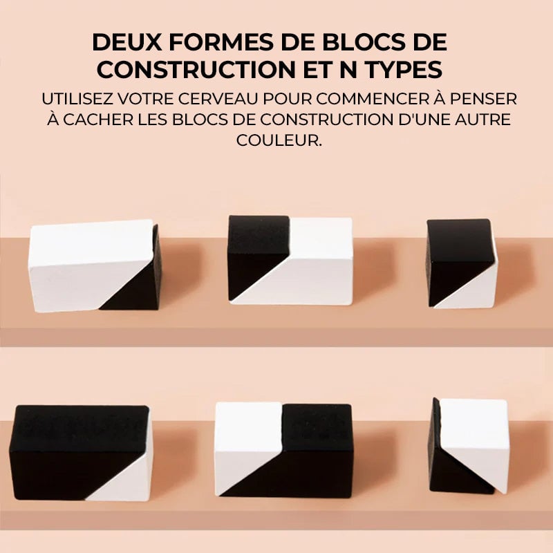 Puzzle géométrique en bois avec blocs cachés et plateau de rangement