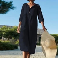 Cotton Linen Solid Color Long Dress with Pockets