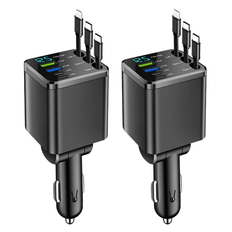 7-in-1 Universal Retractable Car Charger with Intelligent Voltage Display