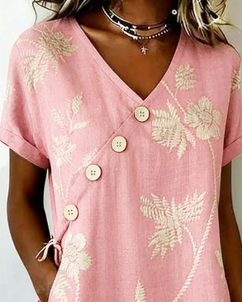 Diagonal Button Print V-Neck Mini Dress